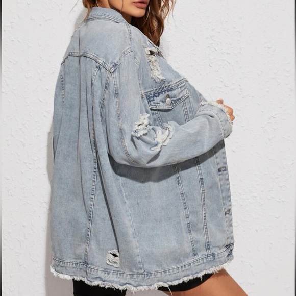 Denim jean jacket distressed ripped blue button collar long sleeve womens - Picture 5 of 5